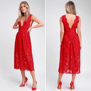 Lulus Loft Party Red Lace Sleeveless Midi